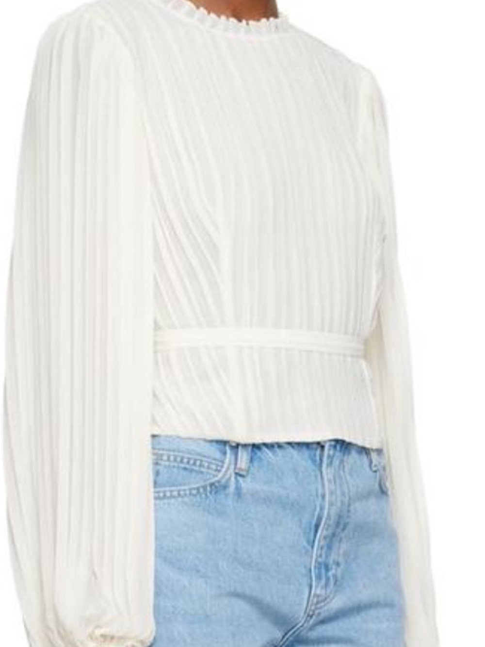 Frame Cutout White Pleated Long-Sleeve Blouse